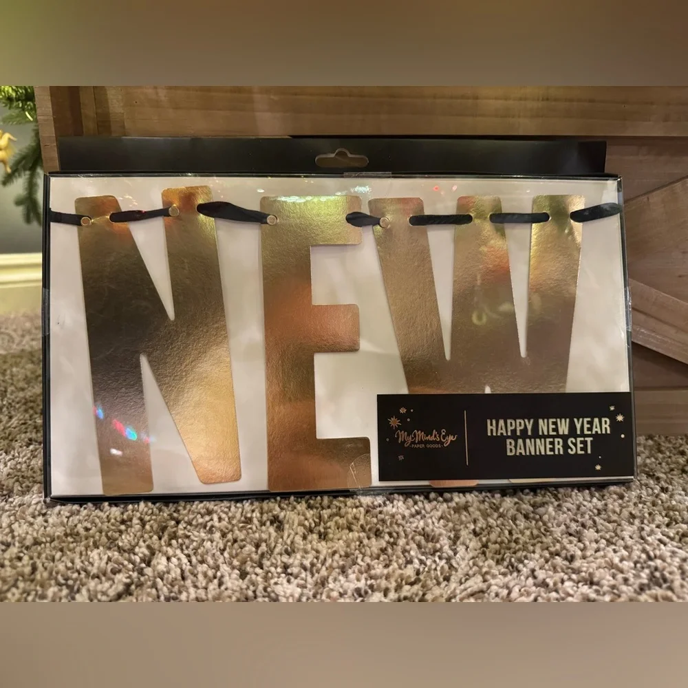 Happy New Year Party Decor Lot Banner + 6 Tiara Headbands (Gold And Silver)